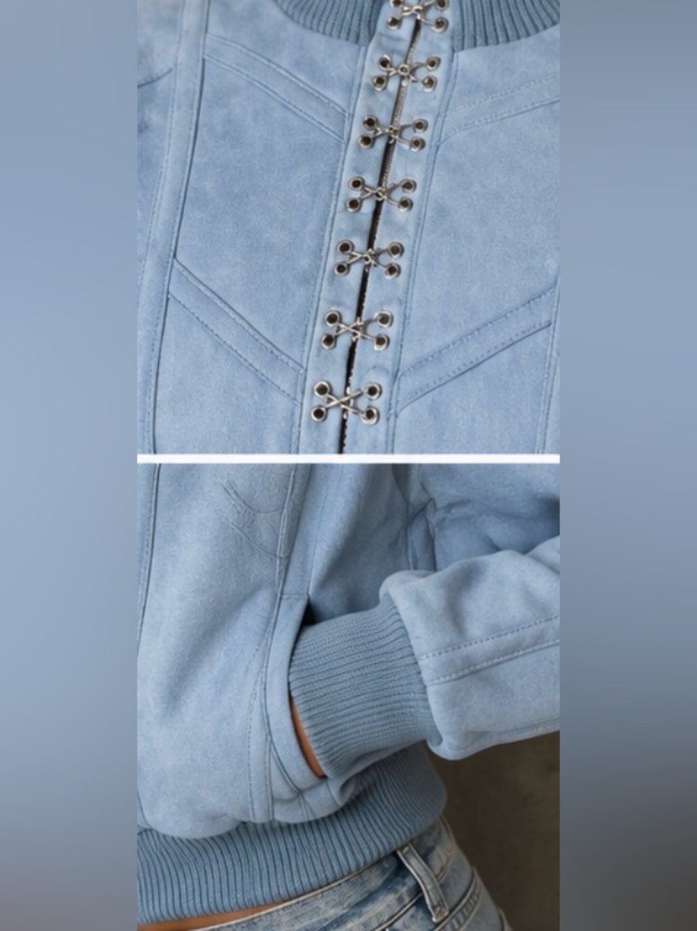 House of CB Rafal Powder Blue Faux Suede Corset Bomber Cropped Y2K S - Picture 7 of 16